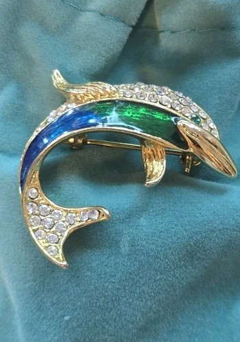 Vintage goldfarbene Emaille Kristall Delfin Schweinswal Brosche atemberaubend unsigniert Unikat