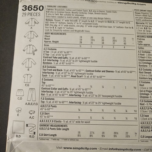 Simplicity 3650 Kids Costume Sewing Pattern Toddler Size A 1/2-4 Cowboy Pirate C - Picture 3 of 3