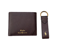 NEW Polo Ralph Lauren Men's Smooth Leather Billfold Wallet Keychain Set Brown