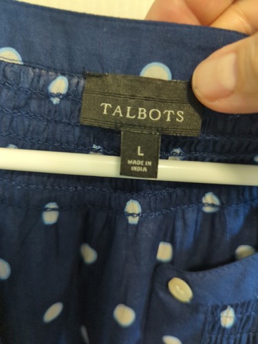 Talbots LARGE Navy Blue White Polka Dot Boho Button Up Blouse Cut Out Sleeves - Picture 3 of 8