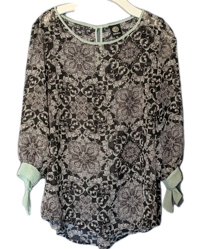 Bobeau Women Sz XL Sheer Tunic Top Black Mint Whimsical Witchy Tie Sleeve Boho - Picture 1 of 16