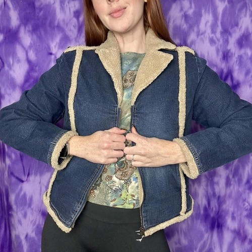 Y2k AMI Blue denim jacket with beige shearling trim
