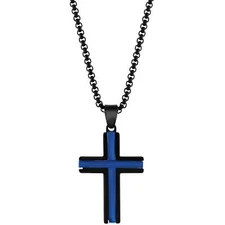 Men's Necklace Stainless Steel Black and Blue Plated 24" Cross SL-7125