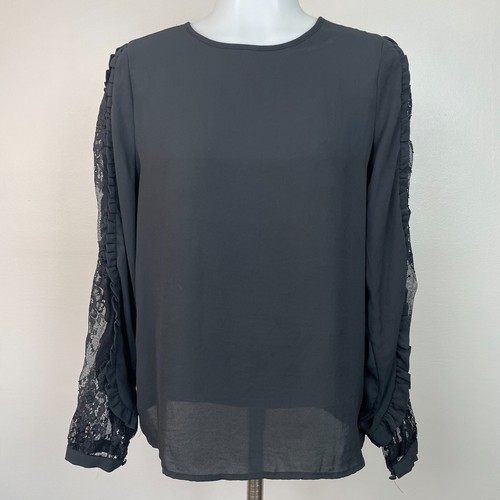 Who What Wear Blouse XS Black Ruffle Lace Long Sleeve Sheer Top Women's - Picture 1 of 12