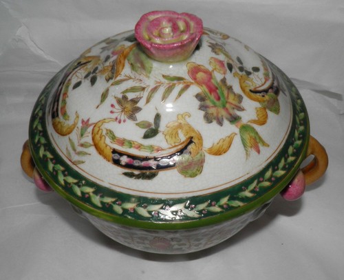 WONG LEE WL 1895 Chinese Covered Tureen HP w/ Peach Blossom Handles & Rose Knob - Picture 2 of 8