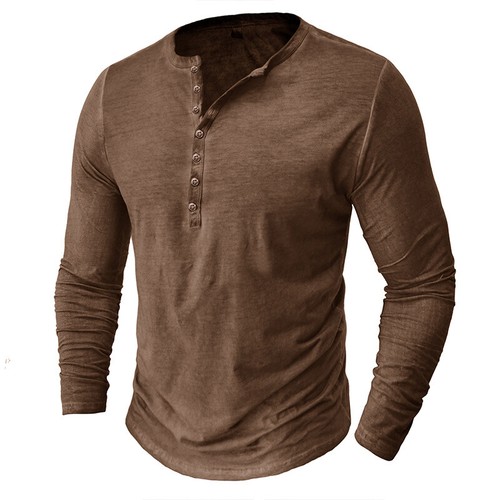 Mens Henley Neck T Shirt Casual Retro Slim Fit Button Pullover Tops Long Sleeve - Picture 13 of 31