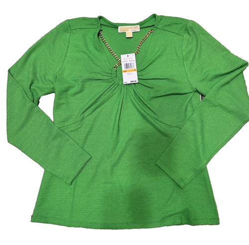 Michael Kors Spring Green Size S Long Sleeve V-neck Gold Chain Women Top NWT