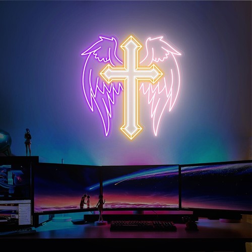Custom Neon Sign Angel Wings Cross With Wing Neon Sign Game Room Wall Art Light - Picture 3 of 6