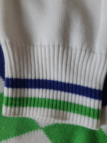 Suéter BPS Cuello en V Blanco Cuadros Arlequín 50% Algodón Verde Púrpura L/Slv Logo Talla S - Imagen 6 de 9