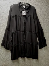 Cozy Co Women Shirt 2XL Black Long Sleeve Button Up Crochet Tunic Blouse Top NWT