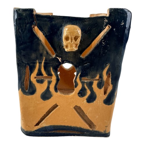 Vintage Halloween Decor Ceramic Candle Holder. Handmade One-Of-A-Kind! Fire Skul - Picture 4 of 10