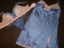NWT Victoria's Secret 32DD BRA SET S SLIP satin Iridescent BLUE Lavender White