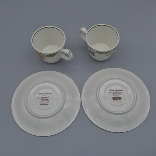 2 Villeroy Boch Amapola Teacup & Saucer Set Peach Blue Poppy Flower Germany 7oz - Picture 12 of 14