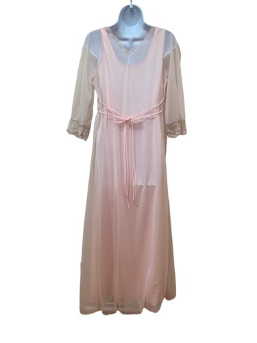 Vintage doppellagig durchsichtig Chiffon Nylon durchgehend Spitze Peignoir Kleid Morgenmantel Set rosa - Bild 5 von 11
