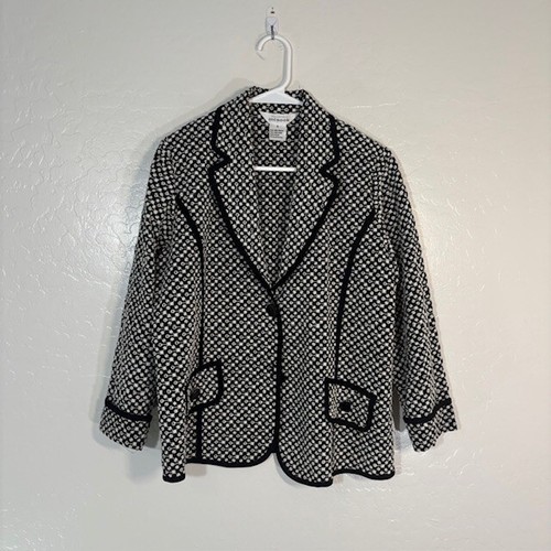 Misook Cardigan Jacket Womens Large Embroidered Black White Art Two Button - Picture 1 of 4