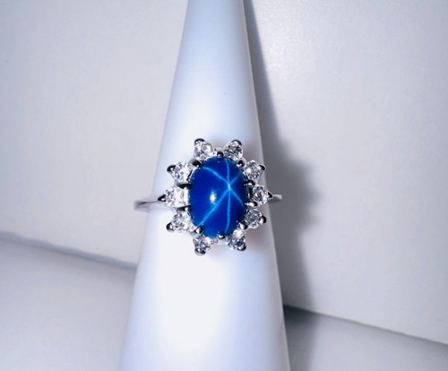 Estate 10K White Gold Cabochon Blue Star Sapphire w/White Spinel Ring sz 5, 3g - Picture 2 of 16