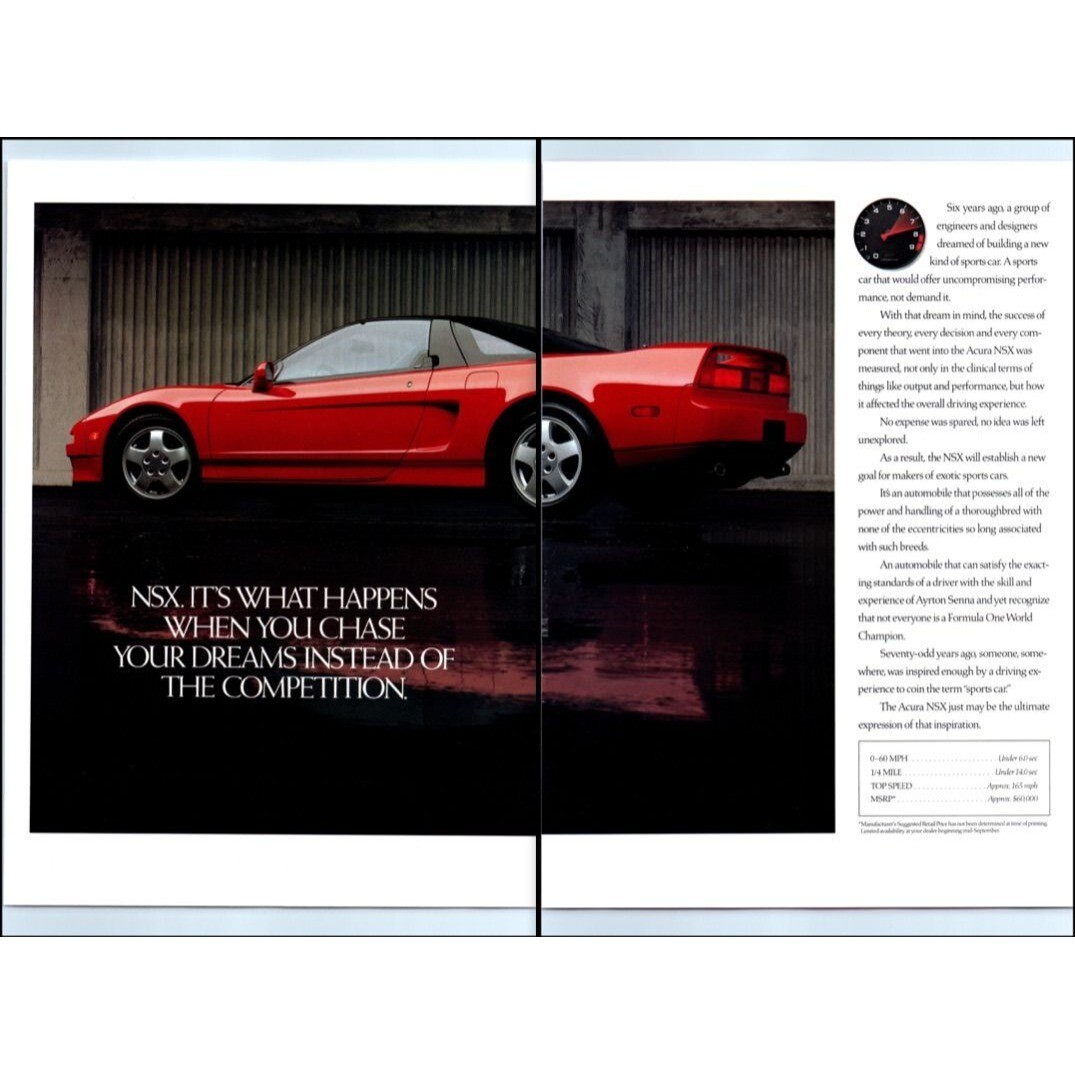 1991 Acura NSX Sports Car 2 Page Vintage Print Ad Chase Your