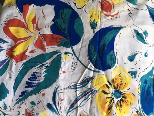 Bold Floral Pattern White Background Blue Teal Yellow Red Leaves Flowers 4 Yds - Picture 1 of 5