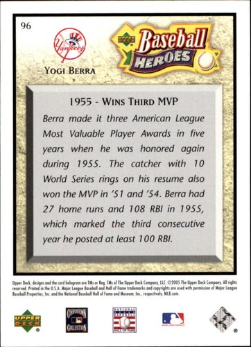 T3723 - 2005 Upper Deck Baseball Heroes #96 Yogi Berra NY Yankees Card - NM-MT - Picture 2 of 2