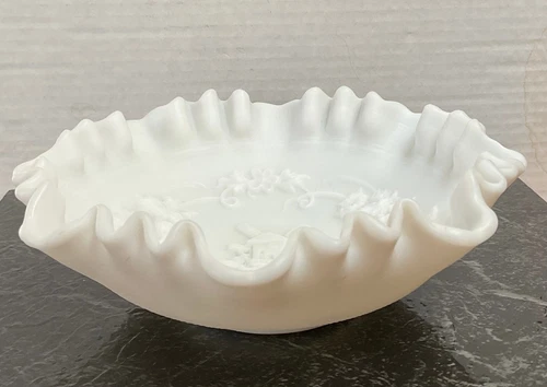 Vintage Imperial Milk Glass Bowl – Windmill Scene with Ruffle Edge