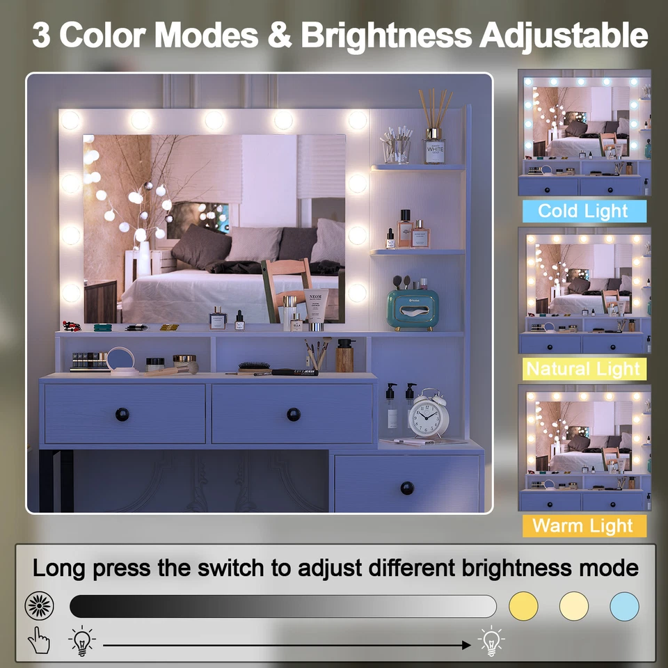 11 Led Lights Makeup Desk Set with Mirror Dressing Dresser Table White Vanity US - Image 4 of 4