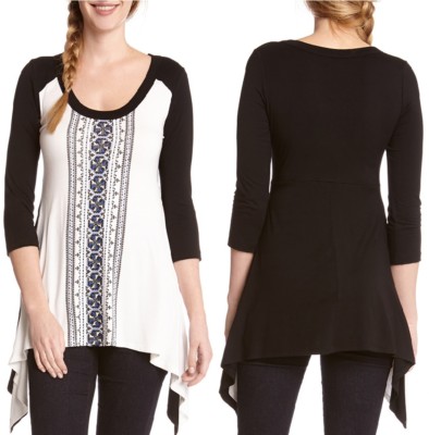 Karen Kane 2K13173  White/Black Screen Print Stretch Jersey Handkerchief Top $98