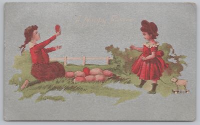 Holiday~Easter~Girls Find Colored Egg~Pull Behind Sheep Toy~c1910 Postcard