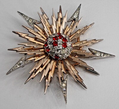 Vintage Pennino Sterling Vermeil Beaming Sun Brooch Clear Red Rhinestones 2-1/2''