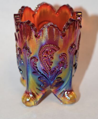 Joe St Clair Inverted Fan Feather Toothpick Holder Carnival Glass  Orange Purple - Picture 1 of 6