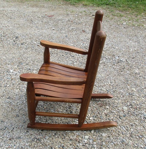 Vintage Rustic Slat Oak Wood Child Rocking Chair Ladder Back - Picture 4 of 24