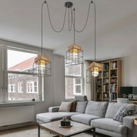 Pendelleuchte HäNgelampe Holzlampe Esstischleuchte E27 3 Flammig KäFig H 300 Cm