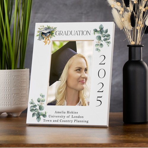 Personalised Graduation White Wooden Photo Frame With Green Elements - Picture 2 of 4