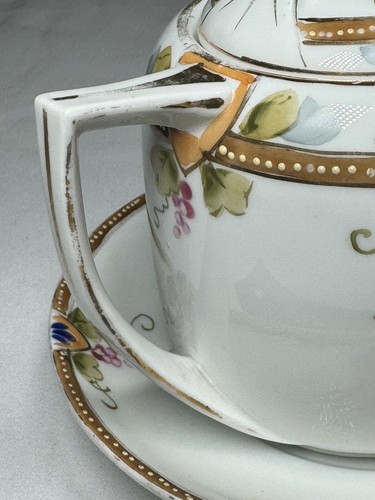Nippon Antique Syrup Pitcher With Underplate Handpainted Pink Blue Flowers - Picture 7 of 11