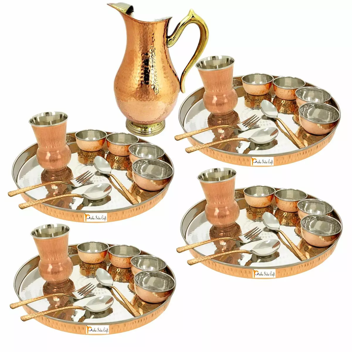 Set of 4 Indian Dinnerware Stainless Steel Copper Traditional Dinner Set Thali