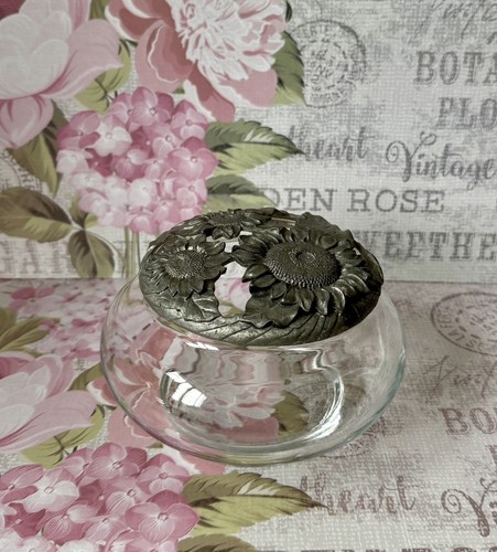 1994 SEAGULL ETAIN PEWTER CANADA CLEAR GLASS POTPOURRI TRINKET DISH SUNFLOWERS - Imagen 2 de 12