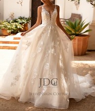 Abito da sposa pizzo floreale abito da sposa scollo profondo spalline avorio 32-60