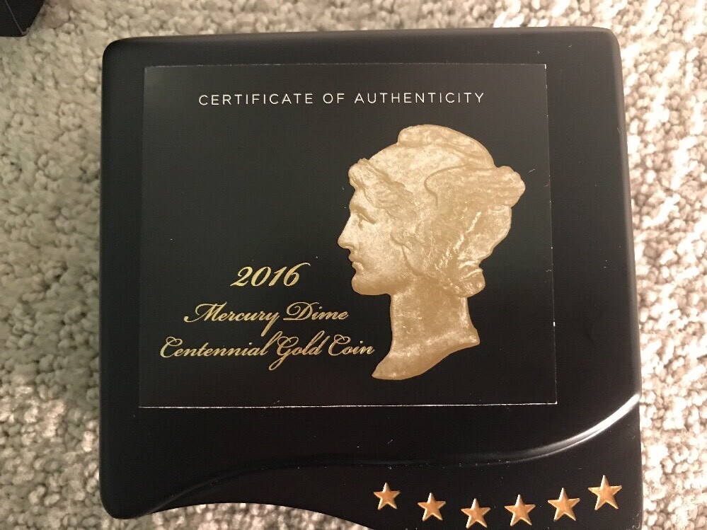 2016 W MERCURY DIME GOLD CENTENNIAL COMMEMORATIVE COIN WITH BOX//COA 16XB