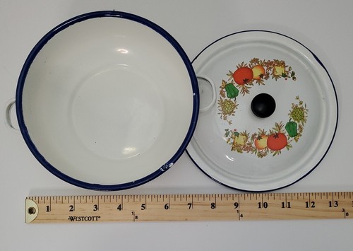 Vintage Enamel Small Pot with Lid Vegetable Theme LIU GUAN Crown Brand Used - Picture 5 of 10