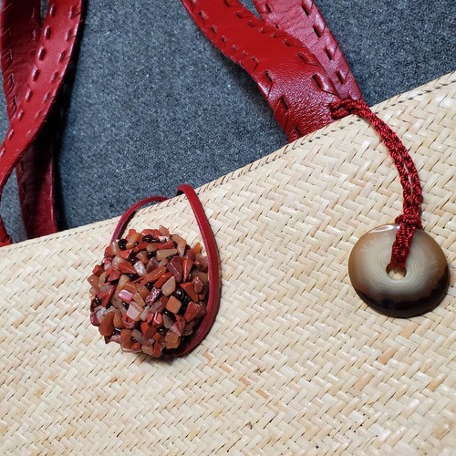 THE SAK Purse Handbag Natural Woven Tan Double Handle Leather Bucket Red Tan - Picture 8 of 9