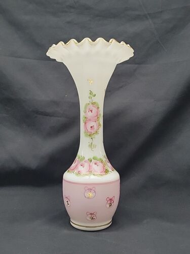 Fenton Glass Vase Charleton Rose 1940s 11" White Handpainted Ruffled Top #5414 - Picture 2 of 22