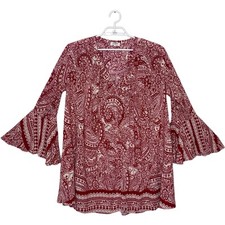 UMGEE Red White Floral Flowy Flare Bell Long Sleeve Dress Boho Hippie Festival L