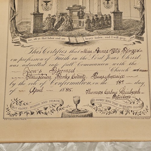Certificado Iglesia Bautizada Annie Renger Bautismo 1885 Straustown PA - Imagen 4 de 6