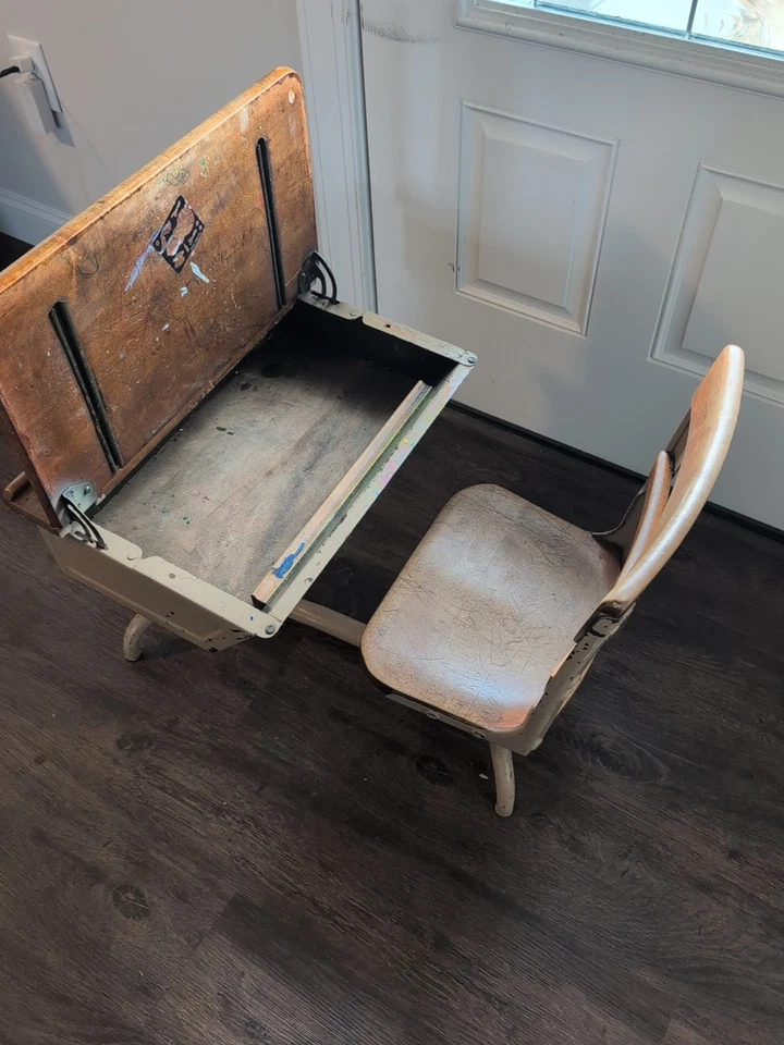 二十世纪中叶儿童青少年学校书桌带附加椅 - 金属和木材 — 第 3/4 张图片