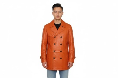 Men's Coat Stylish Trench Leather Fit Lambskin Fashionable Party Orange Handmade