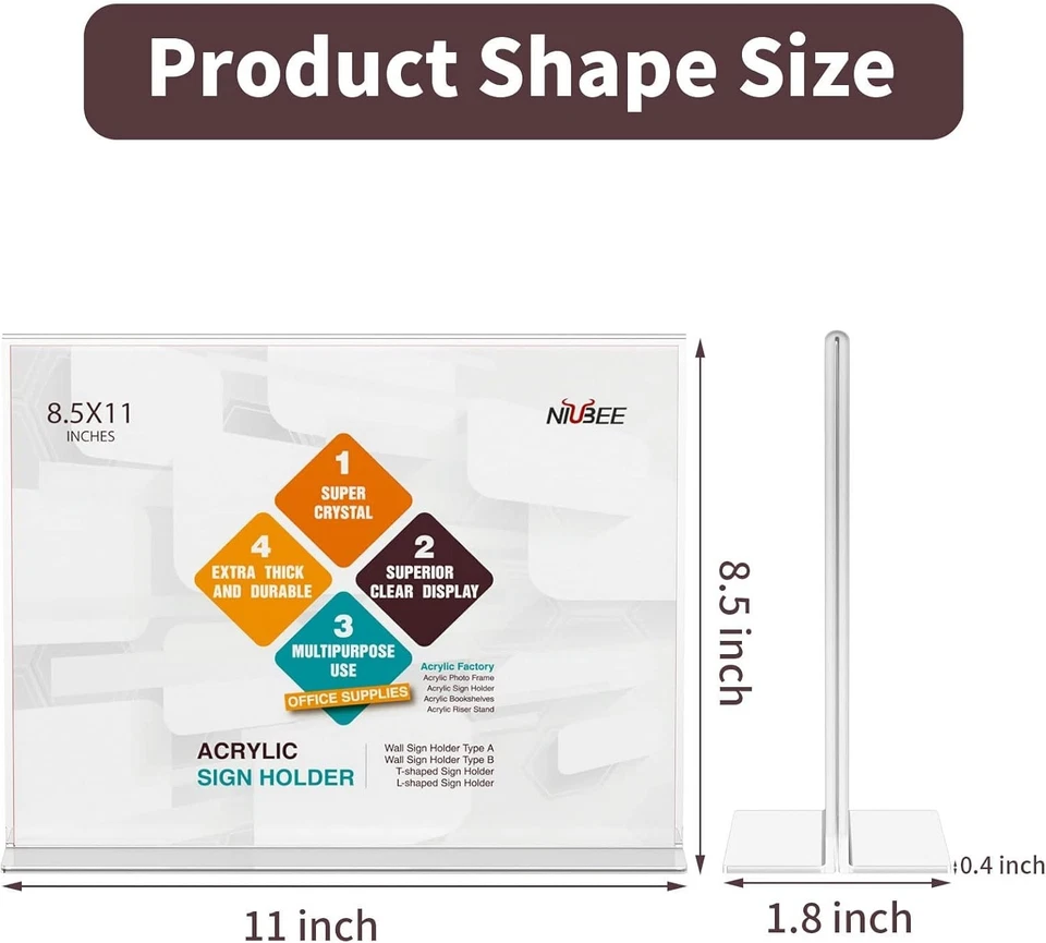 Soporte para letreros de acrílico 8,5x11 pulgadas paquete de 3 horizontales en forma de T doble cara transparente Foto 3 de 4