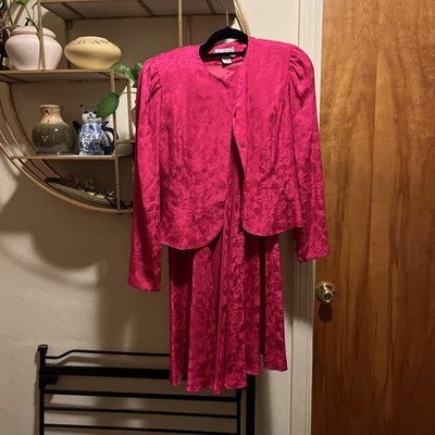 Vintage Papell Too 100% Silk Floral Jacquard Two Piece Set Size 6 Fuchsia Pink 