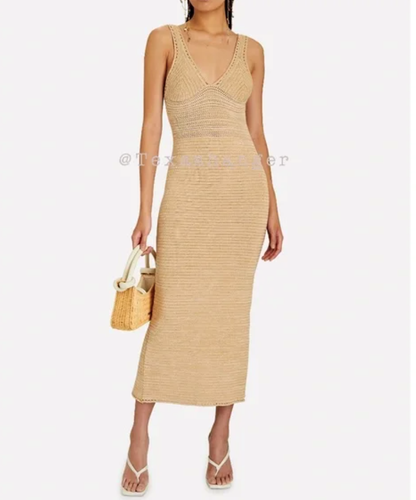Torn by Ronny Kobo Madi Open Back Crochet Knit Maxi Dress M Gold Metallic NWT