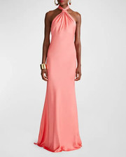 $545 HALSTON Womens Sz 14 Emi Twist-Front Satin Halter Gown in Calypso Glam