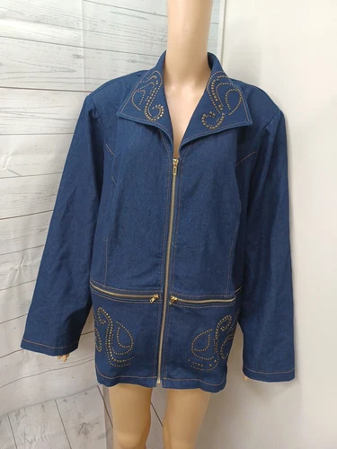VETEMENTS Giacca donna REGALIA taglia 26W blu denim borchie zip davanti elasticizzata
