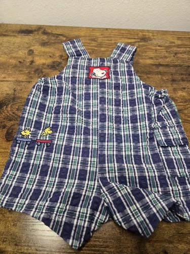 Snoopy Latzhose Vintage Babykleidung Lätzchen bestickt 3-6 m kariert Wagen  - Bild 5 von 9